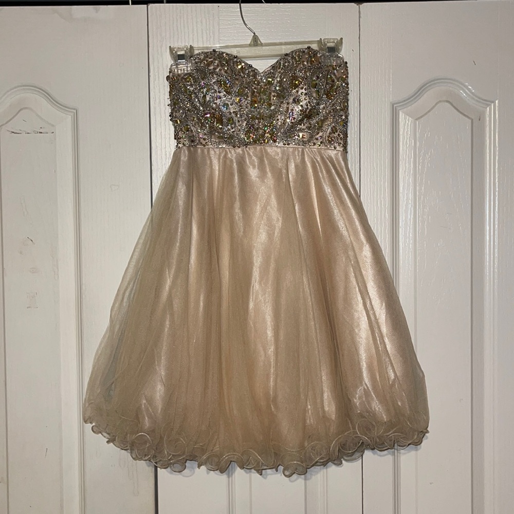 Nude/Gold Quinceanera Dama Dress with Cardigan